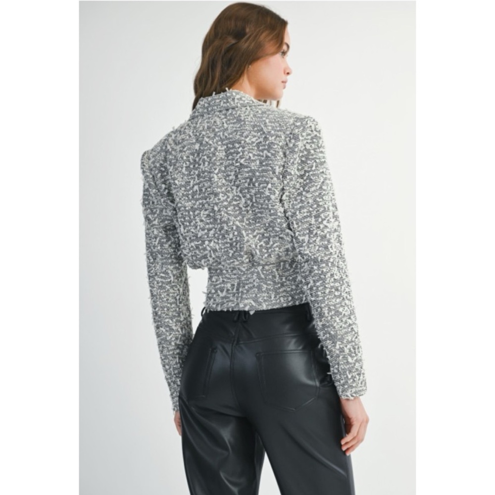 1074 • Black/White Confetti Tweed Crop Blazer Jacket w/Pearl Rhinestone Buttons - Picture 4 of 11